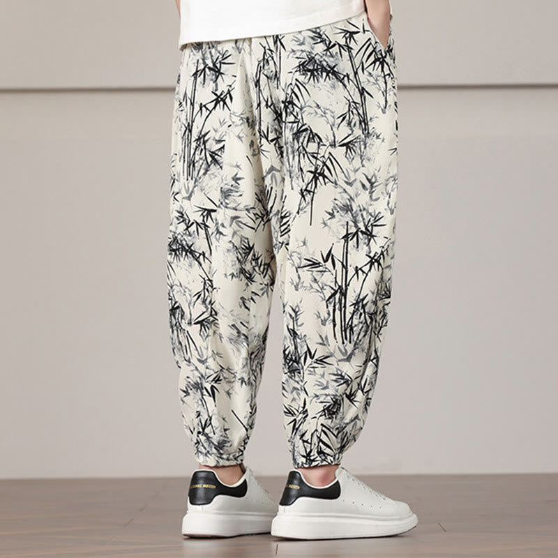Buddha Stones Bamboo Leaf Pattern Drawstring Men's Harem Pants With Pockets