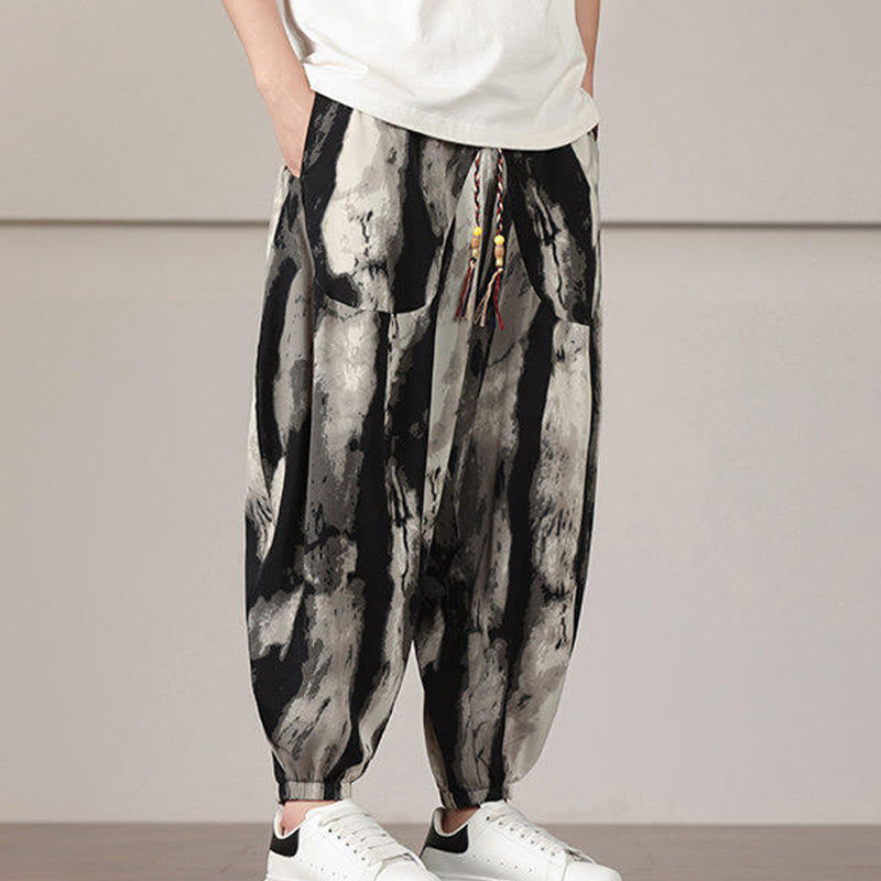 Buddha Stones Stripe Pattern Drawstring Men's Harem Pants With Pockets