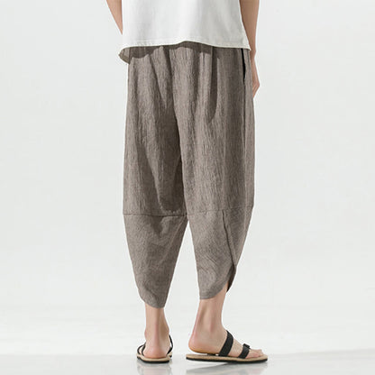 Buddha Stones Plain Simple Design Drawstring 7-8 Length Linen Men's Harem Pants With Pockets