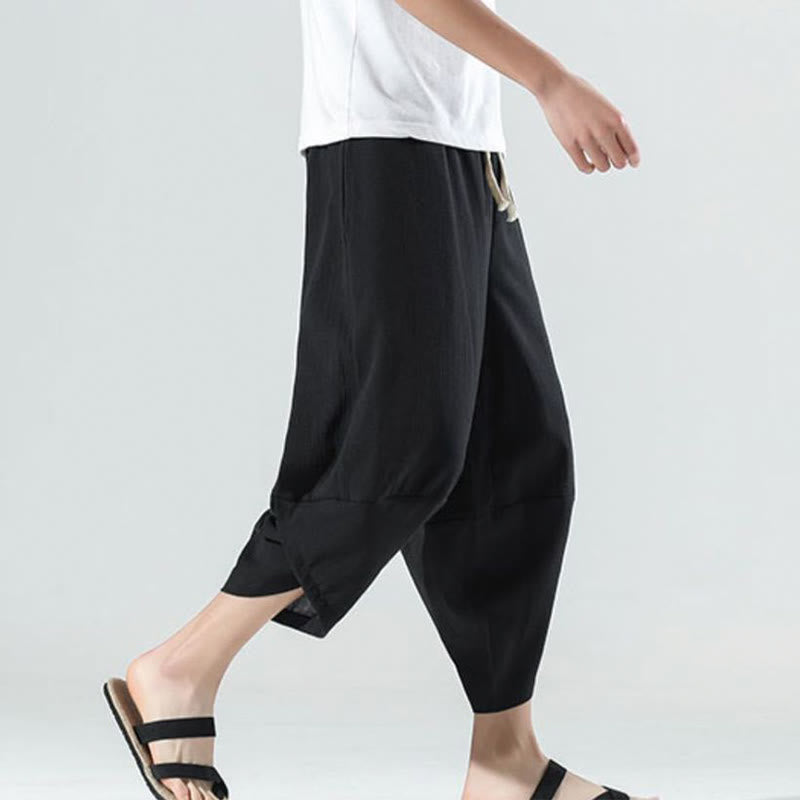 Buddha Stones Plain Simple Design Drawstring 7-8 Length Linen Men's Harem Pants With Pockets