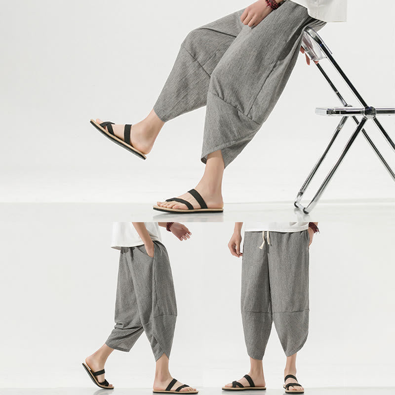 Buddha Stones Plain Simple Design Drawstring 7-8 Length Linen Men's Harem Pants With Pockets