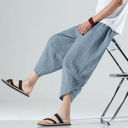 Buddha Stones Plain Simple Design Drawstring 7-8 Length Linen Men's Harem Pants With Pockets