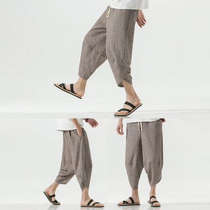 Buddha Stones Plain Simple Design Drawstring 7-8 Length Linen Men's Harem Pants With Pockets