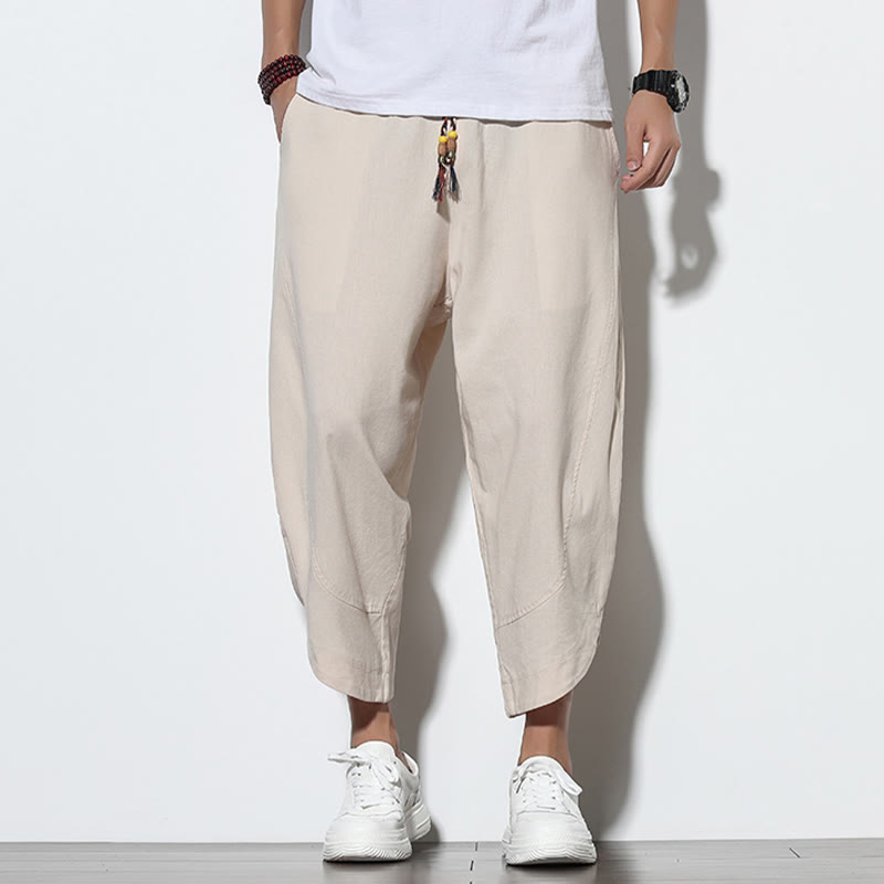 Buddha Stones Casual Summer Drawstring 7-8 Length Linen Men's Harem Pants With Pockets