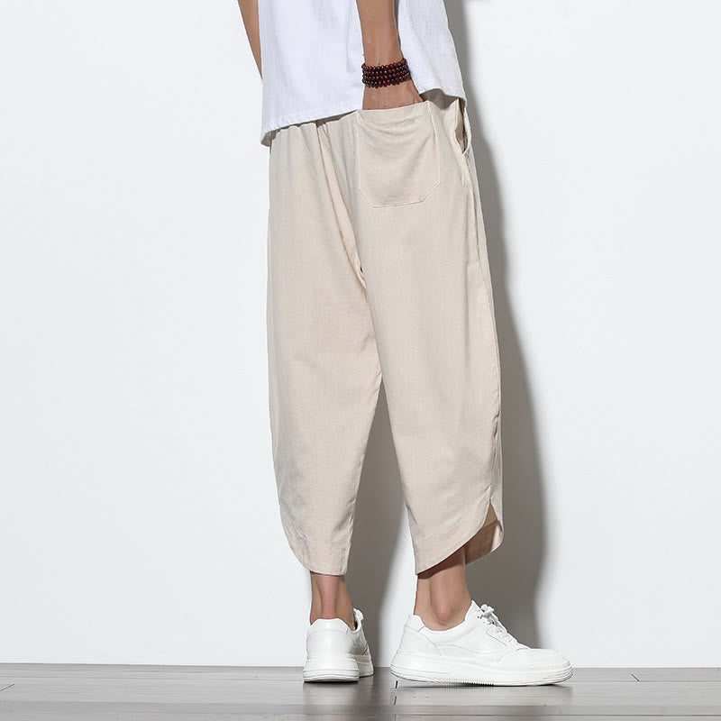 Buddha Stones Casual Summer Drawstring 7-8 Length Linen Men's Harem Pants With Pockets