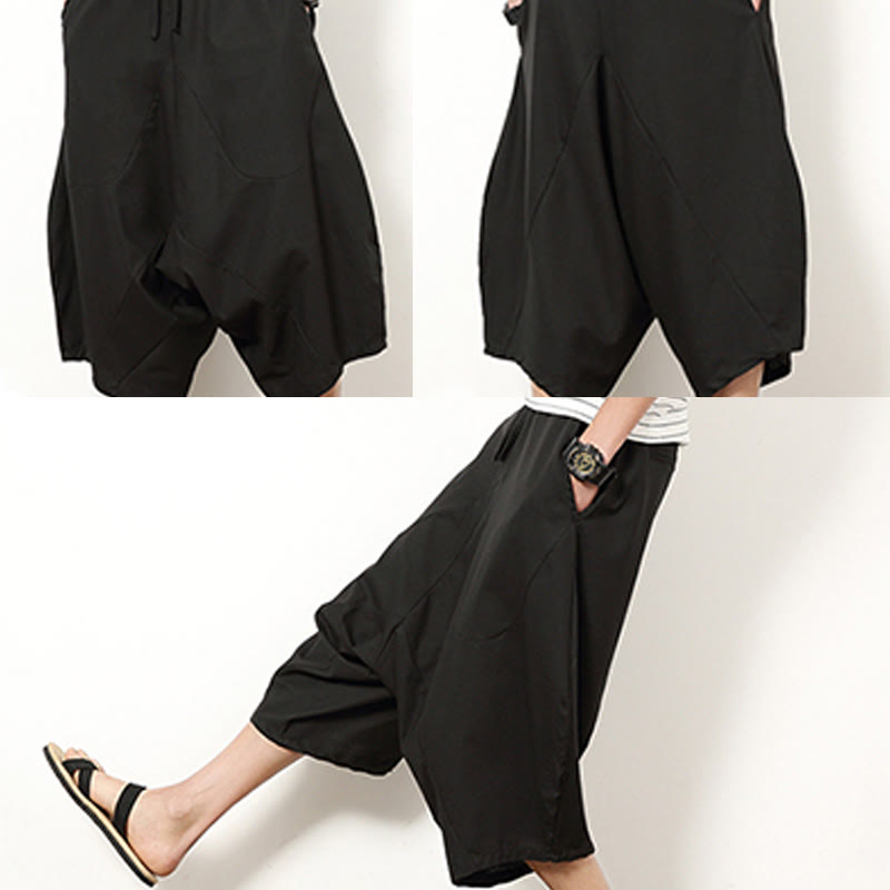 Buddha Stones Spring Plain Simple Patchwork Design Drawstring Cotton Linen Men's 7-8 Length Wide Leg Pants With Pockets