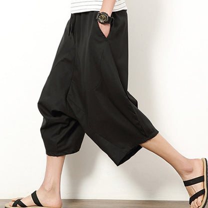 Buddha Stones Spring Plain Simple Patchwork Design Drawstring Cotton Linen Men's 7-8 Length Wide Leg Pants With Pockets