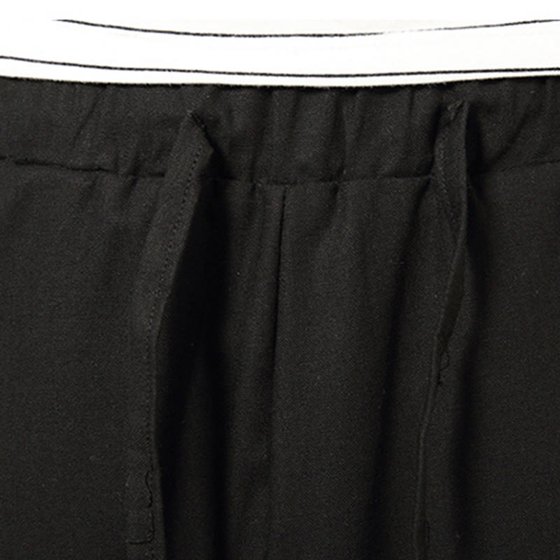 Buddha Stones Spring Plain Simple Patchwork Design Drawstring Cotton Linen Men's 7-8 Length Wide Leg Pants With Pockets