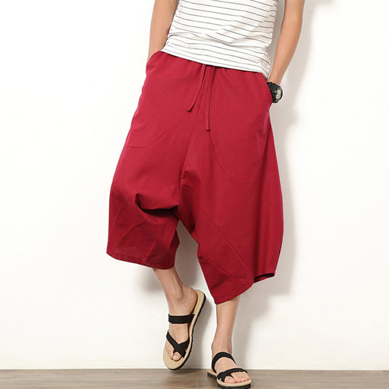 Buddha Stones Spring Plain Simple Patchwork Design Drawstring Cotton Linen Men's 7-8 Length Wide Leg Pants With Pockets