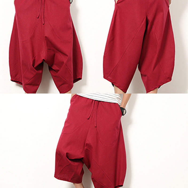 Buddha Stones Spring Plain Simple Patchwork Design Drawstring Cotton Linen Men's 7-8 Length Wide Leg Pants With Pockets
