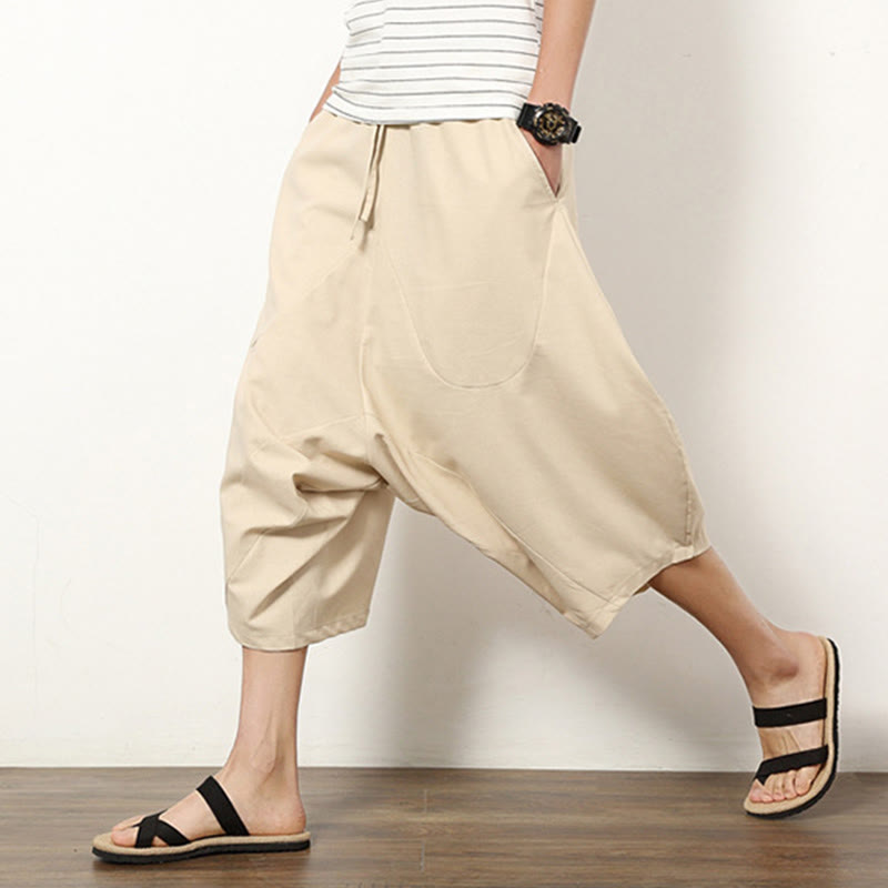 Buddha Stones Spring Plain Simple Patchwork Design Drawstring Cotton Linen Men's 7-8 Length Wide Leg Pants With Pockets