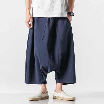 Buddha Stones Casual Low Crotch Design Drawstring Men's 7-8 Length Cotton Linen Wide Leg Pants With Pockets