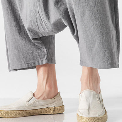 Buddha Stones Casual Low Crotch Design Drawstring Men's 7-8 Length Cotton Linen Wide Leg Pants With Pockets