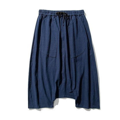 Buddha Stones Casual Low Crotch Design Drawstring Men's 7-8 Length Cotton Linen Wide Leg Pants With Pockets