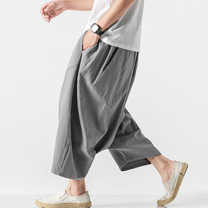 Buddha Stones Casual Low Crotch Design Drawstring Men's 7-8 Length Cotton Linen Wide Leg Pants With Pockets