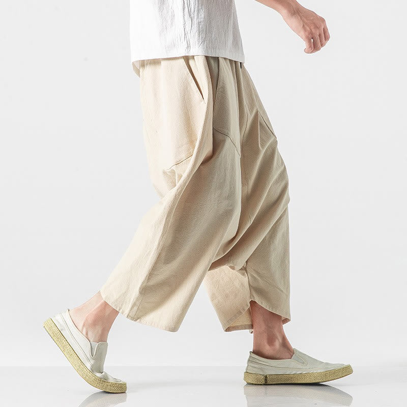 Buddha Stones Casual Low Crotch Design Drawstring Men's 7-8 Length Cotton Linen Wide Leg Pants With Pockets