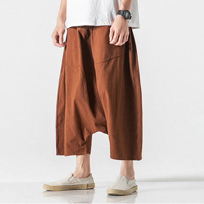 Buddha Stones Casual Low Crotch Design Drawstring Men's 7-8 Length Cotton Linen Wide Leg Pants With Pockets