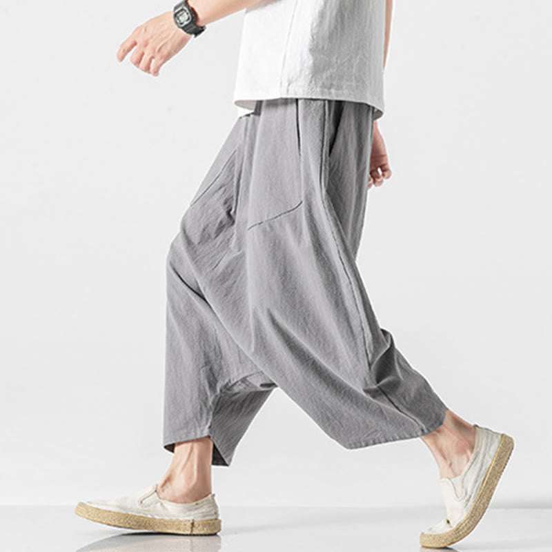 Buddha Stones Casual Low Crotch Design Drawstring Men's 7-8 Length Cotton Linen Wide Leg Pants With Pockets