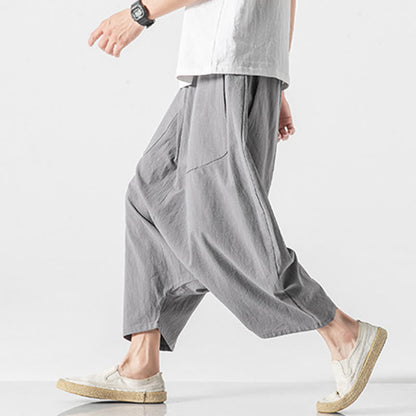 Buddha Stones Casual Low Crotch Design Drawstring Men's 7-8 Length Cotton Linen Wide Leg Pants With Pockets