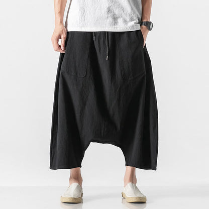 Buddha Stones Casual Low Crotch Design Drawstring Men's 7-8 Length Cotton Linen Wide Leg Pants With Pockets