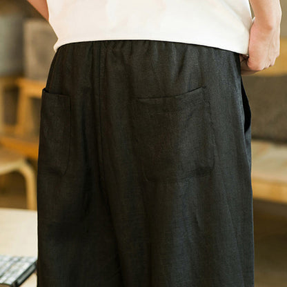Buddha Stones Casual Retro Solid Color Simple Design Drawstring Men's Linen Elastic Waistband Harem Pants With Pockets
