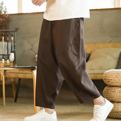 Buddha Stones Casual Retro Solid Color Simple Design Drawstring Men's Linen Elastic Waistband Harem Pants With Pockets