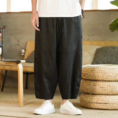 Buddha Stones Casual Retro Solid Color Simple Design Drawstring Men's Linen Elastic Waistband Harem Pants With Pockets