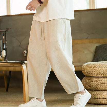 Buddha Stones Casual Retro Solid Color Simple Design Drawstring Men's Linen Elastic Waistband Harem Pants With Pockets