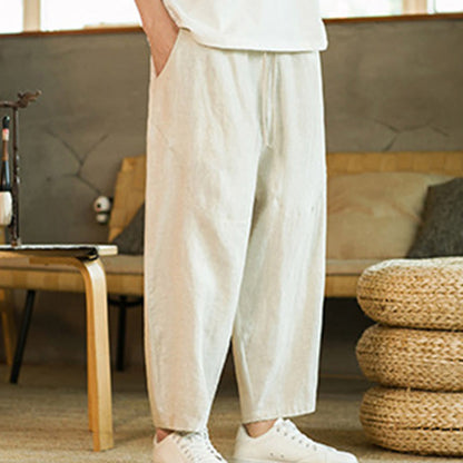 Buddha Stones Casual Retro Solid Color Simple Design Drawstring Men's Linen Elastic Waistband Harem Pants With Pockets