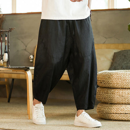 Buddha Stones Casual Retro Solid Color Simple Design Drawstring Men's Linen Elastic Waistband Harem Pants With Pockets