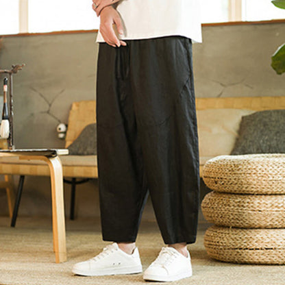 Buddha Stones Casual Retro Solid Color Simple Design Drawstring Men's Linen Elastic Waistband Harem Pants With Pockets