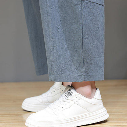 Buddha Stones Casual Plain Low Crotch Design Drawstring Men's Cotton Elastic Waistband Wide Leg Pants With Pockets