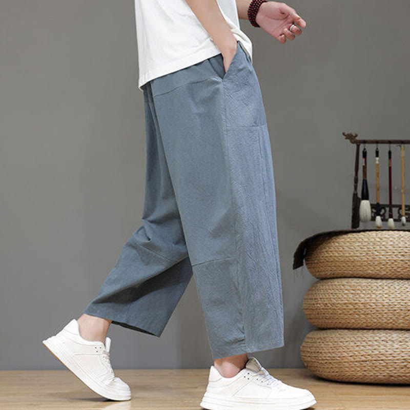 Buddha Stones Casual Plain Low Crotch Design Drawstring Men's Cotton Elastic Waistband Wide Leg Pants With Pockets