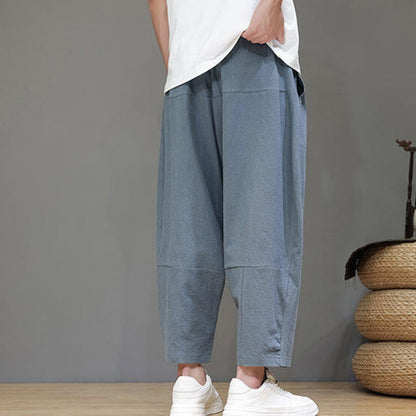 Buddha Stones Casual Plain Low Crotch Design Drawstring Men's Cotton Elastic Waistband Wide Leg Pants With Pockets