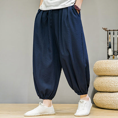 Buddha Stones Summer Plain Drawstring Men's Ankle-Length Cotton Harem Pants With Pockets