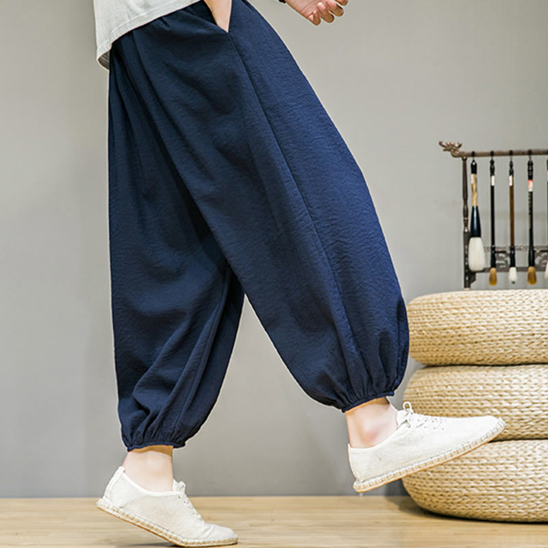 Buddha Stones Summer Plain Drawstring Men's Ankle-Length Cotton Harem Pants With Pockets