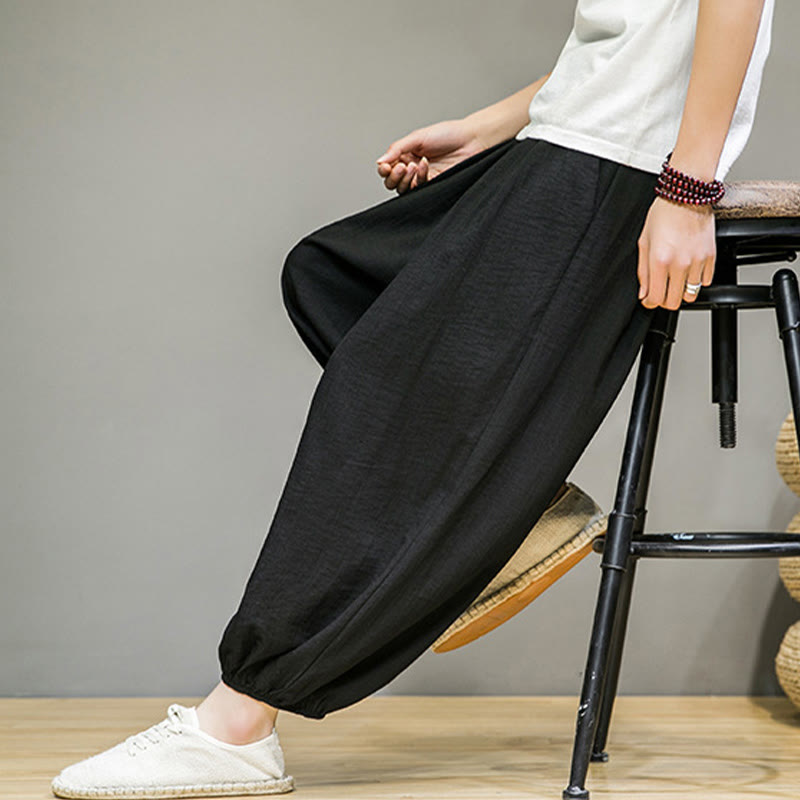 Buddha Stones Summer Plain Drawstring Men's Ankle-Length Cotton Harem Pants With Pockets