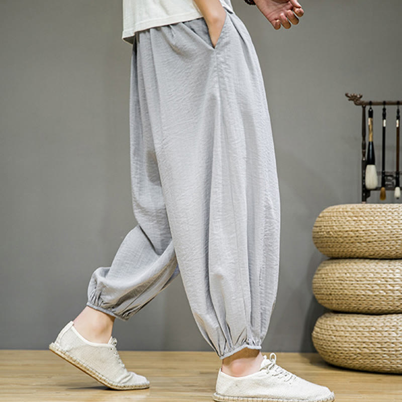 Buddha Stones Summer Plain Drawstring Men's Ankle-Length Cotton Harem Pants With Pockets