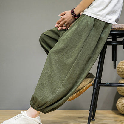 Buddha Stones Summer Plain Drawstring Men's Ankle-Length Cotton Harem Pants With Pockets