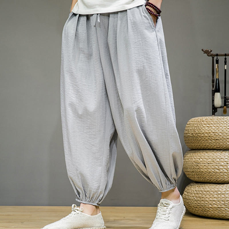 Buddha Stones Summer Plain Drawstring Men's Ankle-Length Cotton Harem Pants With Pockets