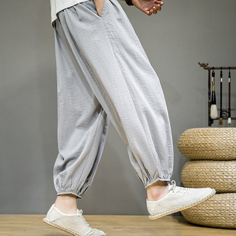 Buddha Stones Summer Plain Drawstring Men's Ankle-Length Cotton Harem Pants With Pockets