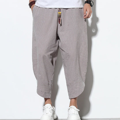 Buddha Stones Summer Stripes Pattern Drawstring Cotton Linen Men's 7-8 Length Harem Pants With Pockets