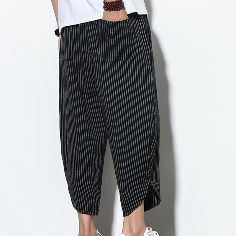 Buddha Stones Summer Stripes Pattern Drawstring Cotton Linen Men's 7-8 Length Harem Pants With Pockets