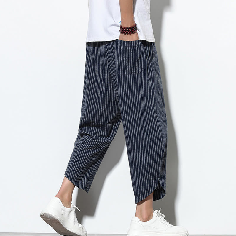 Buddha Stones Summer Stripes Pattern Drawstring Cotton Linen Men's 7-8 Length Harem Pants With Pockets
