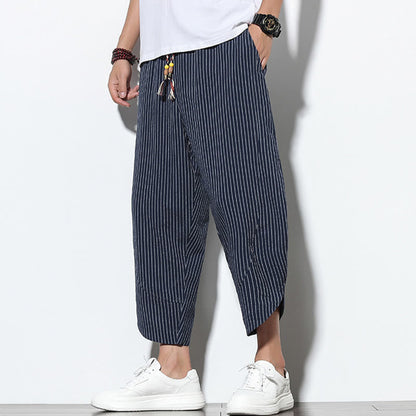 Buddha Stones Summer Stripes Pattern Drawstring Cotton Linen Men's 7-8 Length Harem Pants With Pockets