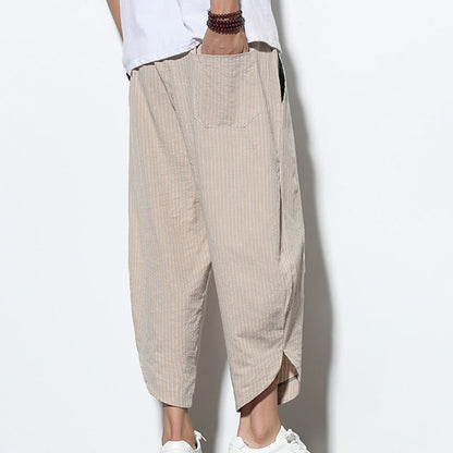 Buddha Stones Summer Stripes Pattern Drawstring Cotton Linen Men's 7-8 Length Harem Pants With Pockets