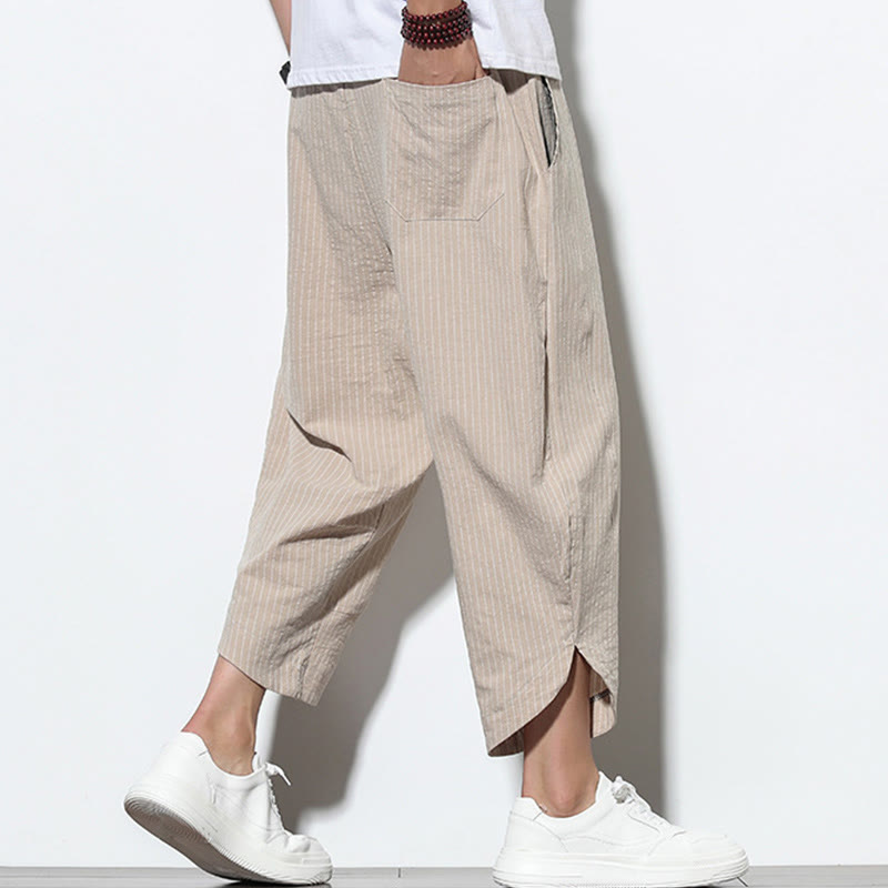Buddha Stones Summer Stripes Pattern Drawstring Cotton Linen Men's 7-8 Length Harem Pants With Pockets