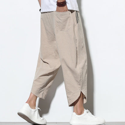 Buddha Stones Summer Stripes Pattern Drawstring Cotton Linen Men's 7-8 Length Harem Pants With Pockets