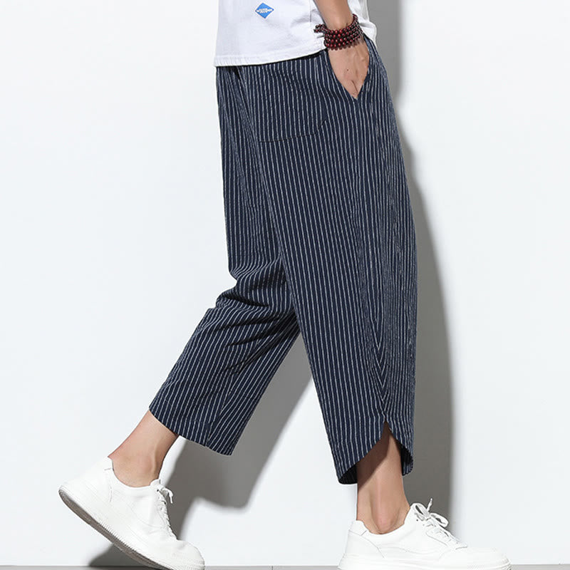 Buddha Stones Summer Stripes Pattern Drawstring Cotton Linen Men's 7-8 Length Harem Pants With Pockets