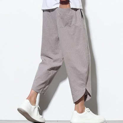 Buddha Stones Summer Stripes Pattern Drawstring Cotton Linen Men's 7-8 Length Harem Pants With Pockets